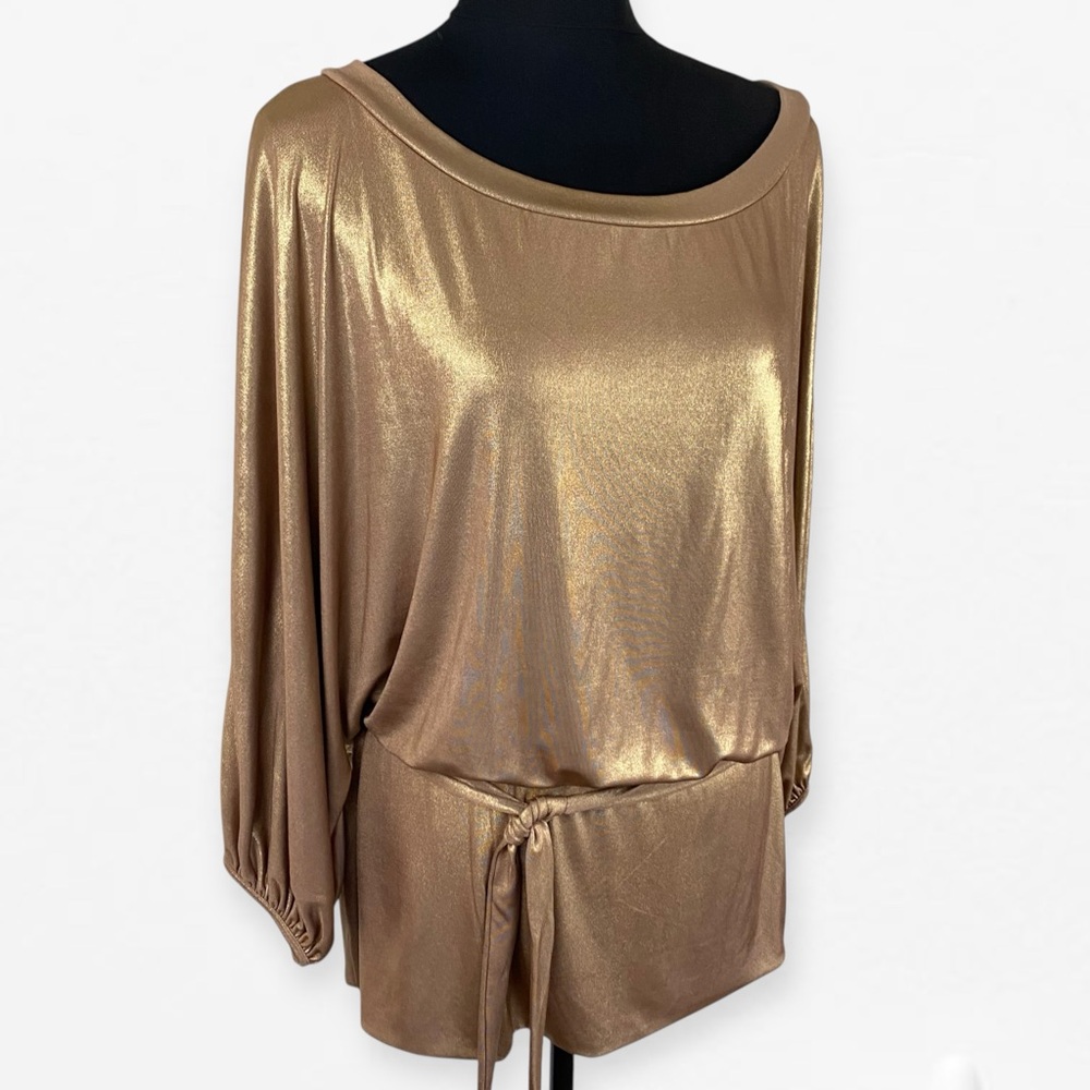 Bisou Bisou Elegant Metallic Gold tie waist Women's Top blouse L - Picture 2 of 7
